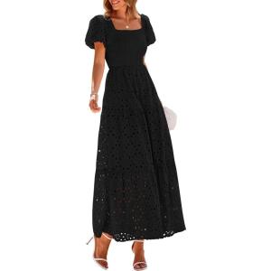 imagePRETTYGARDEN Summer Dresses for Women 2025 Eyelet Square Neck Puff Sleeve Smocked Wedding Guest Maxi Dress with PocketsBlack
