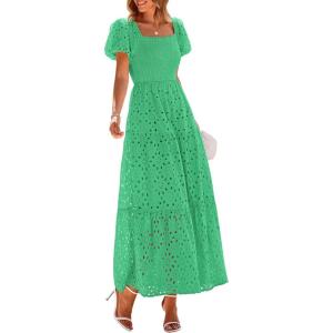 imagePRETTYGARDEN Summer Dresses for Women 2025 Eyelet Square Neck Puff Sleeve Smocked Wedding Guest Maxi Dress with PocketsGreen