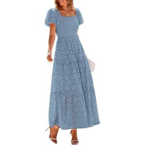 imagePRETTYGARDEN Summer Dresses for Women 2025 Eyelet Square Neck Puff Sleeve Smocked Wedding Guest Maxi Dress with PocketsGrey Blue