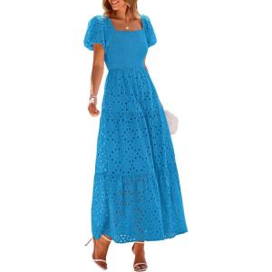 imagePRETTYGARDEN Summer Dresses for Women 2025 Eyelet Square Neck Puff Sleeve Smocked Wedding Guest Maxi Dress with PocketsLake Blue