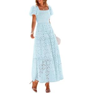 imagePRETTYGARDEN Summer Dresses for Women 2025 Eyelet Square Neck Puff Sleeve Smocked Wedding Guest Maxi Dress with PocketsLight Blue