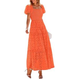 imagePRETTYGARDEN Summer Dresses for Women 2025 Eyelet Square Neck Puff Sleeve Smocked Wedding Guest Maxi Dress with PocketsOrange