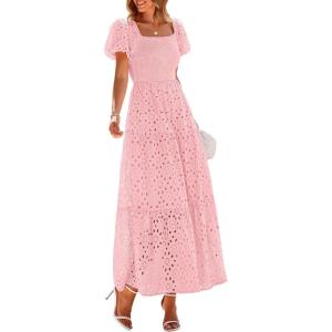 imagePRETTYGARDEN Summer Dresses for Women 2025 Eyelet Square Neck Puff Sleeve Smocked Wedding Guest Maxi Dress with PocketsPink