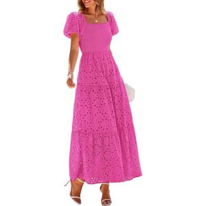 imagePRETTYGARDEN Summer Dresses for Women 2025 Eyelet Square Neck Puff Sleeve Smocked Wedding Guest Maxi Dress with PocketsRose Pink