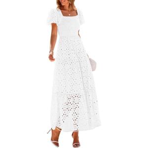 imagePRETTYGARDEN Summer Dresses for Women 2025 Eyelet Square Neck Puff Sleeve Smocked Wedding Guest Maxi Dress with PocketsWhite