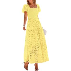 imagePRETTYGARDEN Summer Dresses for Women 2025 Eyelet Square Neck Puff Sleeve Smocked Wedding Guest Maxi Dress with PocketsYellow