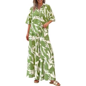 imagePRETTYGARDEN Womens 2 Piece Beach Vacation Outfit 2025 Casual Summer Floral Button Down Shirt Wide Leg Pants Matching SetsFloral Grass Green Beige