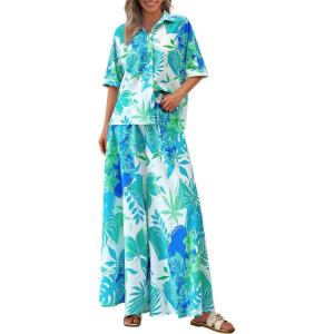 imagePRETTYGARDEN Womens 2 Piece Beach Vacation Outfit 2025 Casual Summer Floral Button Down Shirt Wide Leg Pants Matching SetsFloral White Blue Green