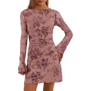 imagePRETTYGARDEN Womens 2025 Fall Fashion Floral Long Sleeve Mini Dress Mesh Bodycon Short Party Date Night Going Out DressesDusty Pink
