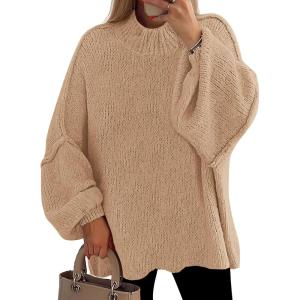 imagePRETTYGARDEN Womens 2025 Fall Oversized Sweaters Chunky Knit Mock Neck Long Sleeve Casual Trendy Pullover Winter ClothesApricot