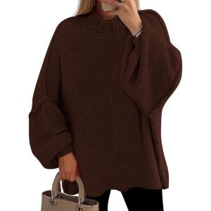 imagePRETTYGARDEN Womens 2025 Fall Oversized Sweaters Chunky Knit Mock Neck Long Sleeve Casual Trendy Pullover Winter ClothesBrown