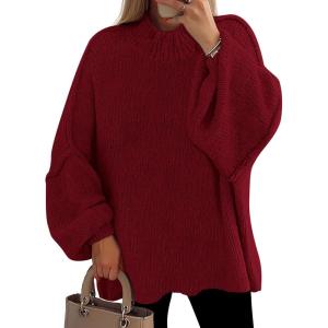 imagePRETTYGARDEN Womens 2025 Fall Oversized Sweaters Chunky Knit Mock Neck Long Sleeve Casual Trendy Pullover Winter ClothesBurgundy