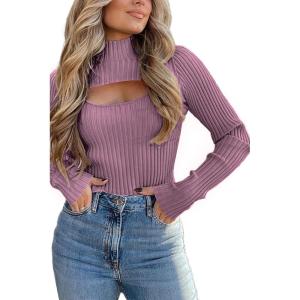 imagePRETTYGARDEN Womens 2025 Fashion Fall Clothes 2 Piece Cutout Tops Long Sleeve Mock Neck Rib Knit Winter Pullover SweaterBean Paste Purple