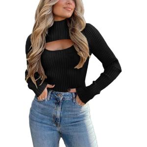imagePRETTYGARDEN Womens 2025 Fashion Fall Clothes 2 Piece Cutout Tops Long Sleeve Mock Neck Rib Knit Winter Pullover SweaterBlack