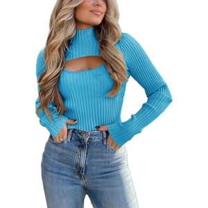imagePRETTYGARDEN Womens 2025 Fashion Fall Clothes 2 Piece Cutout Tops Long Sleeve Mock Neck Rib Knit Winter Pullover SweaterBlue