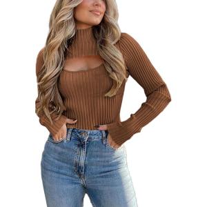 imagePRETTYGARDEN Womens 2025 Fashion Fall Clothes 2 Piece Cutout Tops Long Sleeve Mock Neck Rib Knit Winter Pullover SweaterBrown