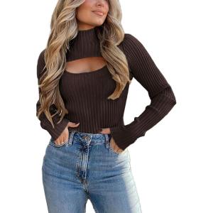 imagePRETTYGARDEN Womens 2025 Fashion Fall Clothes 2 Piece Cutout Tops Long Sleeve Mock Neck Rib Knit Winter Pullover SweaterCoffee