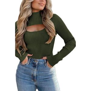 imagePRETTYGARDEN Womens 2025 Fashion Fall Clothes 2 Piece Cutout Tops Long Sleeve Mock Neck Rib Knit Winter Pullover SweaterDark Army Green