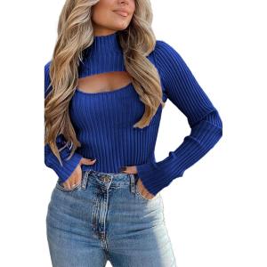 imagePRETTYGARDEN Womens 2025 Fashion Fall Clothes 2 Piece Cutout Tops Long Sleeve Mock Neck Rib Knit Winter Pullover SweaterDark Royal Blue