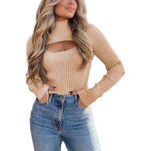 imagePRETTYGARDEN Womens 2025 Fashion Fall Clothes 2 Piece Cutout Tops Long Sleeve Mock Neck Rib Knit Winter Pullover SweaterLight Khaki
