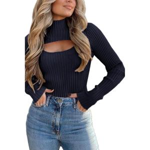 imagePRETTYGARDEN Womens 2025 Fashion Fall Clothes 2 Piece Cutout Tops Long Sleeve Mock Neck Rib Knit Winter Pullover SweaterNavy