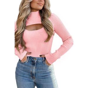 imagePRETTYGARDEN Womens 2025 Fashion Fall Clothes 2 Piece Cutout Tops Long Sleeve Mock Neck Rib Knit Winter Pullover SweaterPink