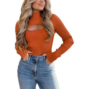 imagePRETTYGARDEN Womens 2025 Fashion Fall Clothes 2 Piece Cutout Tops Long Sleeve Mock Neck Rib Knit Winter Pullover SweaterRust Red