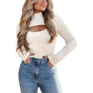 imagePRETTYGARDEN Womens 2025 Fashion Fall Clothes 2 Piece Cutout Tops Long Sleeve Mock Neck Rib Knit Winter Pullover SweaterWhite