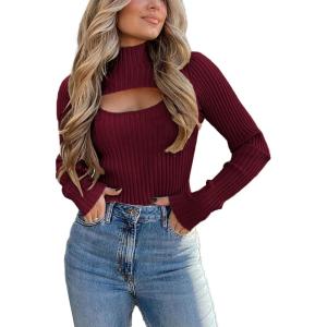 imagePRETTYGARDEN Womens 2025 Fashion Fall Clothes 2 Piece Cutout Tops Long Sleeve Mock Neck Rib Knit Winter Pullover SweaterWine Red