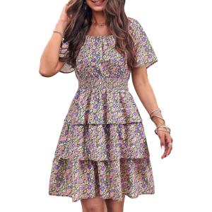 imagePRETTYGARDEN Womens 2025 Floral Summer Short Dress Square Neck Short Sleeve Tiered Ruffle Boho Swing DressesArmy Green Floral