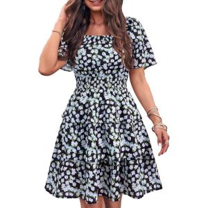 imagePRETTYGARDEN Womens 2025 Floral Summer Short Dress Square Neck Short Sleeve Tiered Ruffle Boho Swing DressesBlack Blue Floral