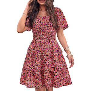 imagePRETTYGARDEN Womens 2025 Floral Summer Short Dress Square Neck Short Sleeve Tiered Ruffle Boho Swing DressesBlack Orange Floral