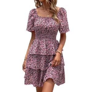 imagePRETTYGARDEN Womens 2025 Floral Summer Short Dress Square Neck Short Sleeve Tiered Ruffle Boho Swing DressesBlack Pink Floral