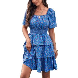 imagePRETTYGARDEN Womens 2025 Floral Summer Short Dress Square Neck Short Sleeve Tiered Ruffle Boho Swing DressesBlue
