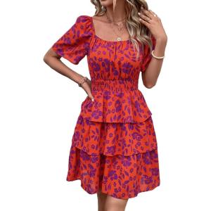 imagePRETTYGARDEN Womens 2025 Floral Summer Short Dress Square Neck Short Sleeve Tiered Ruffle Boho Swing DressesOrange Purple Floral