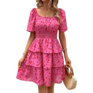 imagePRETTYGARDEN Womens 2025 Floral Summer Short Dress Square Neck Short Sleeve Tiered Ruffle Boho Swing DressesRed Floral