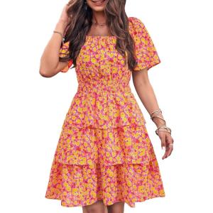 imagePRETTYGARDEN Womens 2025 Floral Summer Short Dress Square Neck Short Sleeve Tiered Ruffle Boho Swing DressesRose Red Floral