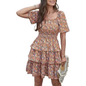 imagePRETTYGARDEN Womens 2025 Floral Summer Short Dress Square Neck Short Sleeve Tiered Ruffle Boho Swing DressesTurmeric