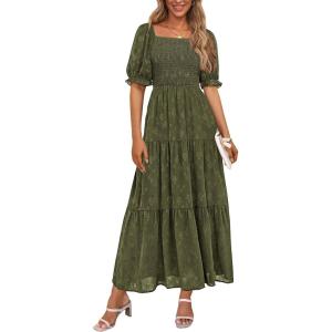 imagePRETTYGARDEN Womens 2025 Summer Casual Midi Dresses Square Neck Short Sleeve Smocked A Line Floral Flowy Elegant Boho DressArmy Green