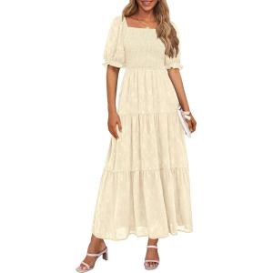 imagePRETTYGARDEN Womens 2025 Summer Casual Midi Dresses Square Neck Short Sleeve Smocked A Line Floral Flowy Elegant Boho DressBeige