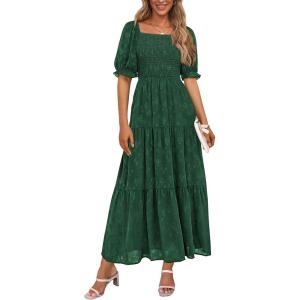 imagePRETTYGARDEN Womens 2025 Summer Casual Midi Dresses Square Neck Short Sleeve Smocked A Line Floral Flowy Elegant Boho DressDark Green