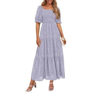 imagePRETTYGARDEN Womens 2025 Summer Casual Midi Dresses Square Neck Short Sleeve Smocked A Line Floral Flowy Elegant Boho DressGrey Blue