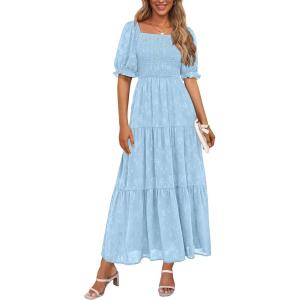 imagePRETTYGARDEN Womens 2025 Summer Casual Midi Dresses Square Neck Short Sleeve Smocked A Line Floral Flowy Elegant Boho DressLight Blue
