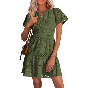 imagePRETTYGARDEN Womens 2025 Summer Short Dress V Neck Short Sleeve A Line Hollow Out Lace Ruffle Cute Casual Beach Party DressesArmy Green