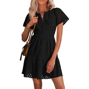 imagePRETTYGARDEN Womens 2025 Summer Short Dress V Neck Short Sleeve A Line Hollow Out Lace Ruffle Cute Casual Beach Party DressesBlack