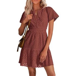 imagePRETTYGARDEN Womens 2025 Summer Short Dress V Neck Short Sleeve A Line Hollow Out Lace Ruffle Cute Casual Beach Party DressesBrown Red