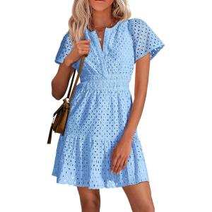 imagePRETTYGARDEN Womens 2025 Summer Short Dress V Neck Short Sleeve A Line Hollow Out Lace Ruffle Cute Casual Beach Party DressesLight Blue