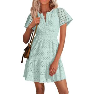 imagePRETTYGARDEN Womens 2025 Summer Short Dress V Neck Short Sleeve A Line Hollow Out Lace Ruffle Cute Casual Beach Party DressesLight Green