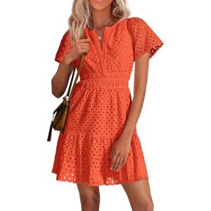 imagePRETTYGARDEN Womens 2025 Summer Short Dress V Neck Short Sleeve A Line Hollow Out Lace Ruffle Cute Casual Beach Party DressesOrange