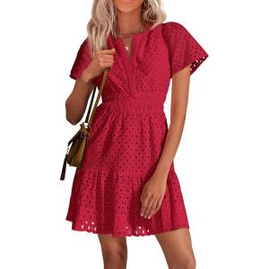 imagePRETTYGARDEN Womens 2025 Summer Short Dress V Neck Short Sleeve A Line Hollow Out Lace Ruffle Cute Casual Beach Party DressesRed